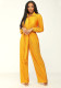Women Clothing Fall Turndown Collar Long Sleeve Pleated Wide Leg Jumpsuit With Belt