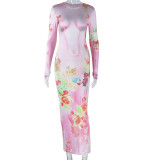 Women Printed Round Neck Long Sleeve Bodycon Maxi Dress