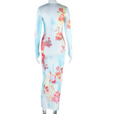 Women Printed Round Neck Long Sleeve Bodycon Maxi Dress