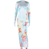 Women Printed Round Neck Long Sleeve Bodycon Maxi Dress