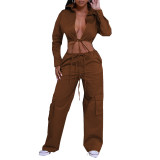 WomenCasual Backless Lace-Up Long Sleeve Top and Pocket Pants Two-Piece Set