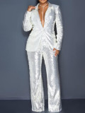 Chic Career Women's Slim Sequin Blazer and Pants Set