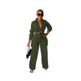 Women Cargo Long Sleeve Top and Wide Leg Pants Solid Two-Piece Set