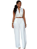 Women's Single Breasted Sleeveless High Waist Belted Wide Leg Jumpsuit