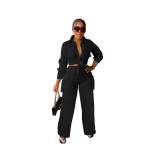 Women Cargo Long Sleeve Top and Wide Leg Pants Solid Two-Piece Set
