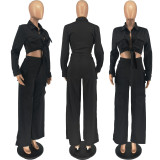 Women Cargo Long Sleeve Top and Wide Leg Pants Solid Two-Piece Set