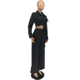 Women Cargo Long Sleeve Top and Wide Leg Pants Solid Two-Piece Set
