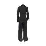 Women Cargo Long Sleeve Top and Wide Leg Pants Solid Two-Piece Set