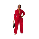Women Cargo Long Sleeve Top and Wide Leg Pants Solid Two-Piece Set