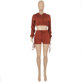 Women Casual Solid Lace-Up Drawstring Long Sleeve Top and Short Two-Piece Set