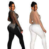 Women Solid mesh Beaded Long Sleeve Jumpsuit