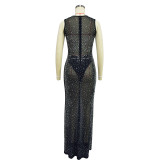 Women Solid mesh Beaded Sleeveless Maxi Dress