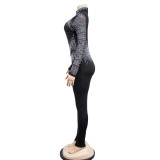 Women Solid mesh Beaded Long Sleeve Jumpsuit
