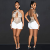Women Sexy Mesh Halter Neck Beaded Jumpsuit