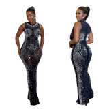 Women Solid mesh Beaded Sleeveless Maxi Dress