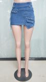 Women Sexy Heart Print Pocket Denim Bodycon Mini Skirt