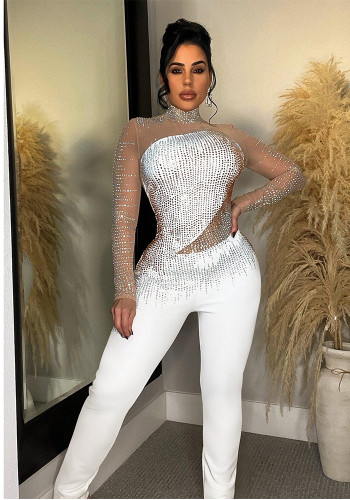 Women Solid mesh Beaded Long Sleeve Jumpsuit