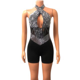 Women Sexy Mesh Halter Neck Beaded Jumpsuit