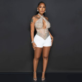 Women Sexy Mesh Halter Neck Beaded Jumpsuit