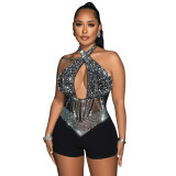 Women Sexy Mesh Halter Neck Beaded Jumpsuit