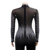 Women Solid mesh Beaded Long Sleeve Jumpsuit