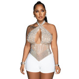 Women Sexy Mesh Halter Neck Beaded Jumpsuit