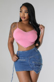 Women Sexy Heart Print Pocket Denim Bodycon Mini Skirt