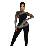 Women Solid mesh Beaded Long Sleeve Jumpsuit