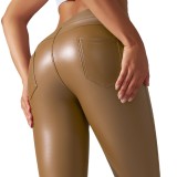 Tight Fitting High Waist Pocket Pu Leather Pants