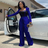 Women's Sexy Slim Waist Contrast Patchwork Long Sleeve Wide Leg Jumpsuit