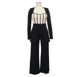 Women's Sexy Slim Waist Contrast Patchwork Long Sleeve Wide Leg Jumpsuit