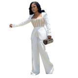 Women's Sexy Slim Waist Contrast Patchwork Long Sleeve Wide Leg Jumpsuit