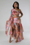 Autumn Women's Oil Painting Print Sexy High Slit Two-Piece Skirt Set