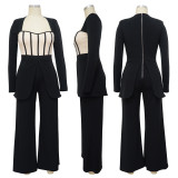 Women's Sexy Slim Waist Contrast Patchwork Long Sleeve Wide Leg Jumpsuit