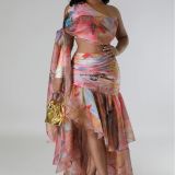 Autumn Women's Oil Painting Print Sexy High Slit Two-Piece Skirt Set