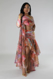 Autumn Women's Oil Painting Print Sexy High Slit Two-Piece Skirt Set