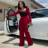 Women's Sexy Slim Waist Contrast Patchwork Long Sleeve Wide Leg Jumpsuit