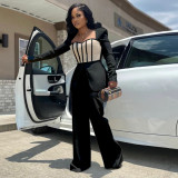 Women's Sexy Slim Waist Contrast Patchwork Long Sleeve Wide Leg Jumpsuit