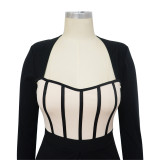 Women's Sexy Slim Waist Contrast Patchwork Long Sleeve Wide Leg Jumpsuit