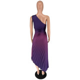 Women's Fashion Gradient Printed One Shoulder Pleated Maxi Dress