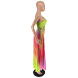Women's Fashion Gradient Printed One Shoulder Pleated Maxi Dress