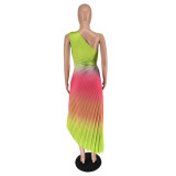 Women's Fashion Gradient Printed One Shoulder Pleated Maxi Dress
