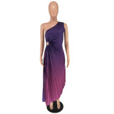 Women's Fashion Gradient Printed One Shoulder Pleated Maxi Dress