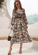Women printed long-sleeved dress (without belt)