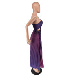 Women's Fashion Gradient Printed One Shoulder Pleated Maxi Dress