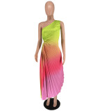 Women's Fashion Gradient Printed One Shoulder Pleated Maxi Dress