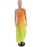 Women's Fashion Gradient Printed One Shoulder Pleated Maxi Dress
