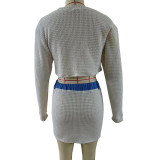 Women Long Sleeve Patchwork Crop Top and Skirt Two-Piece Set