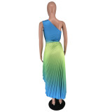 Women's Fashion Gradient Printed One Shoulder Pleated Maxi Dress