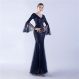 Elegant Flare Mesh Patchwork Mermaid Wedding Dinner Sequins Evening Dress